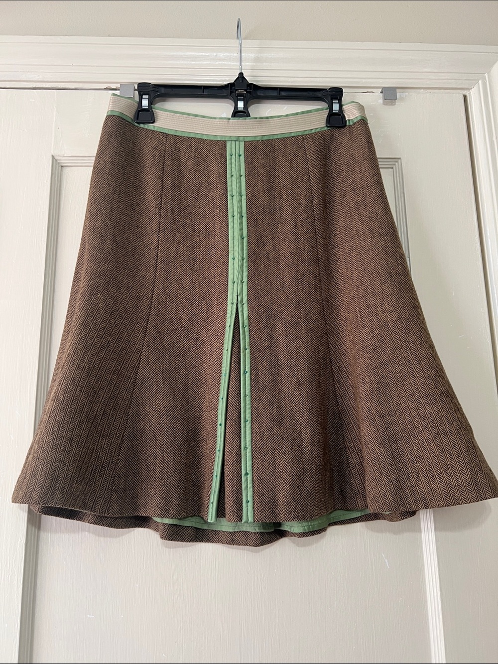 Vintage Ann Taylor LOFT Brown Herringbone A-Line Skirt with Mint Green Trim